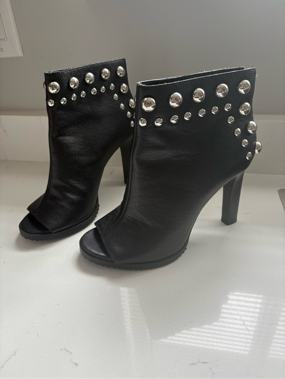 Karl Lagerfield Black Studded Open-Toe High Heel Ankle Boot with open backs